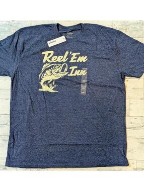 Sonoma Reel 'Em In Funny Fishing Graphic Navy Bass Fish Shirt New Mens Size 2XL